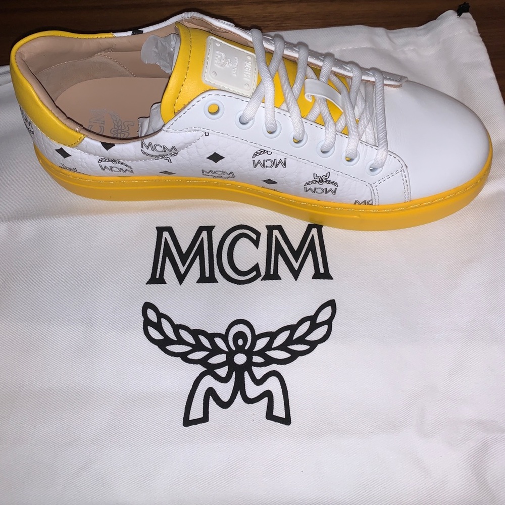 MCM White & Yellow Logo Low-Top Sneakers - Picture 6 of 12